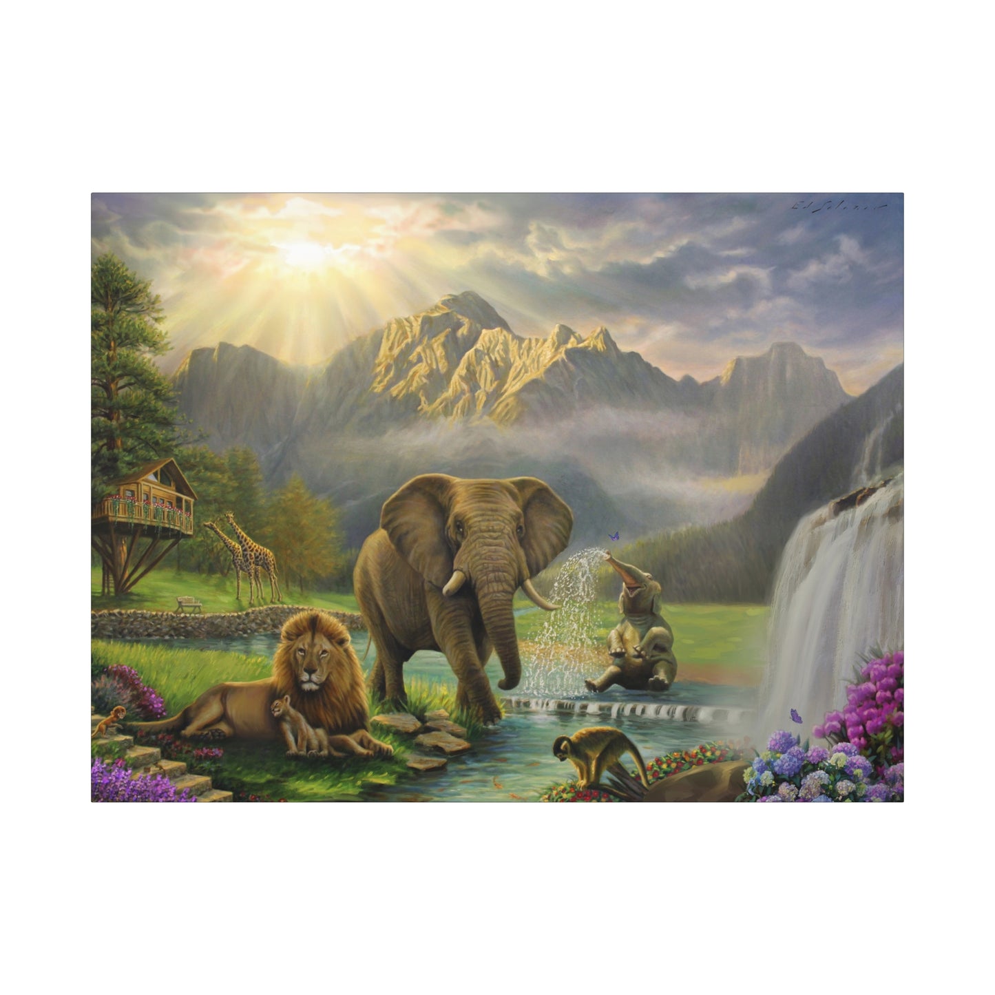 Elephant and Lion Paradise- Canvas Print