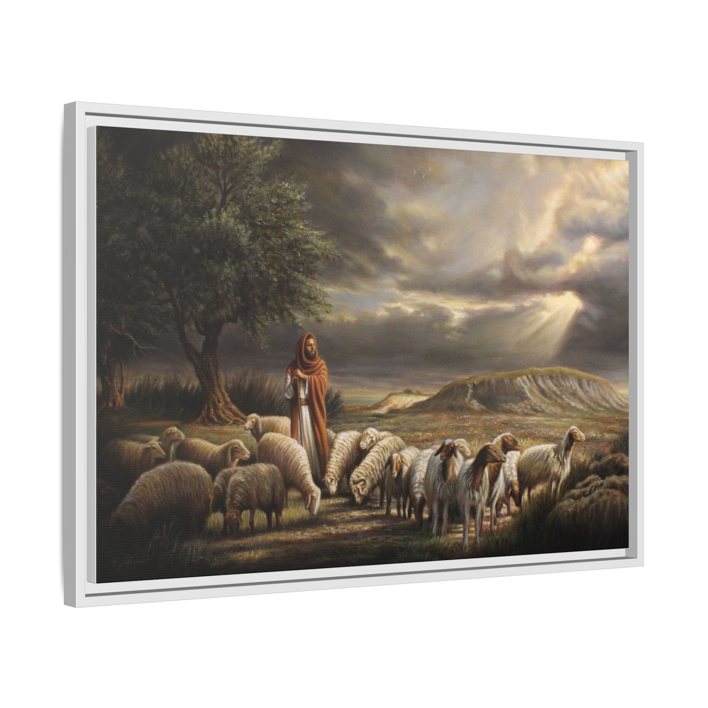 The Shepherd and His Sheep-Framed Canvas Print