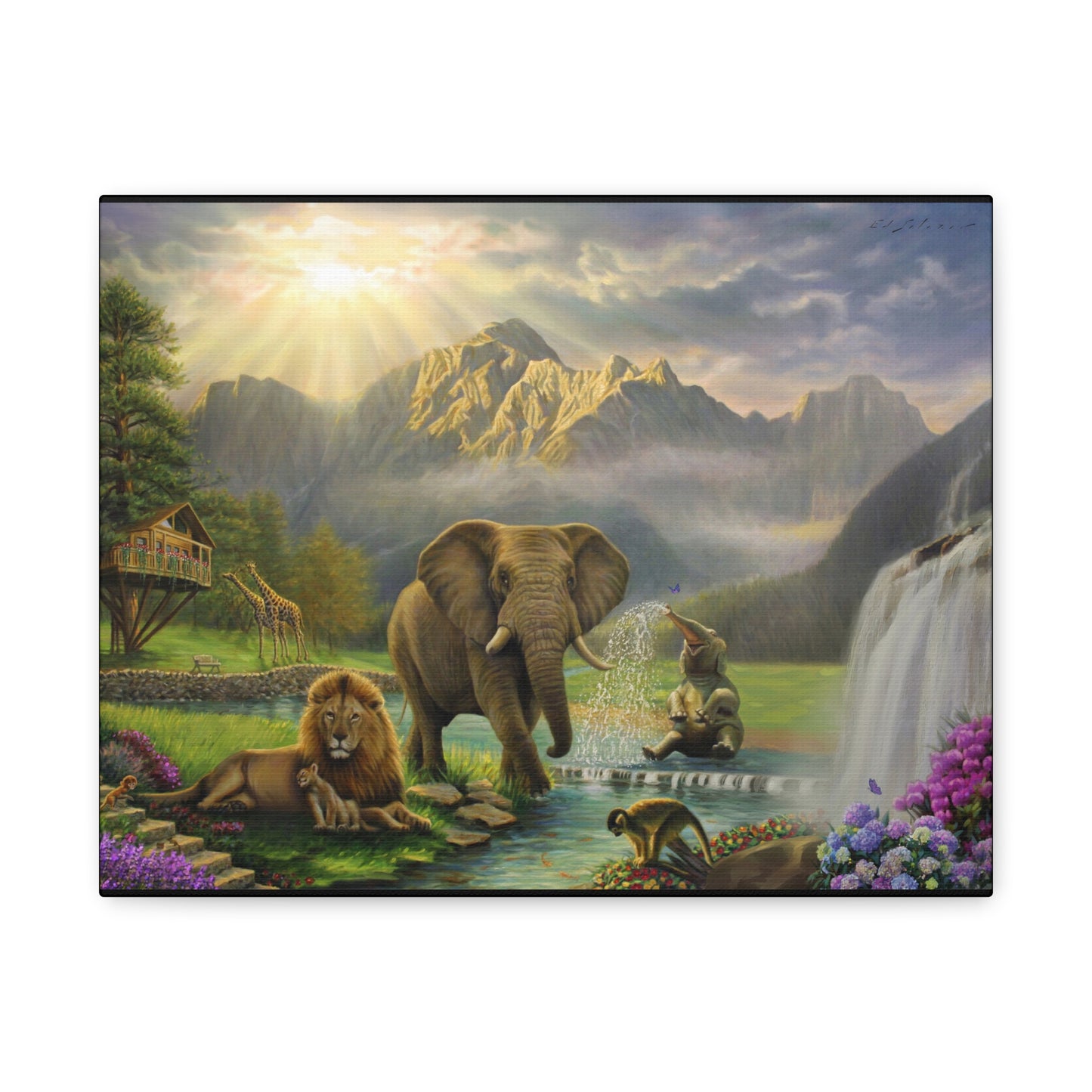 Elephant and Lion Paradise- Canvas Print