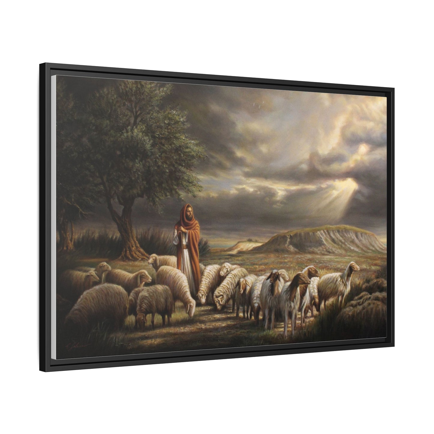 The Shepherd and His Sheep-Framed Canvas Print
