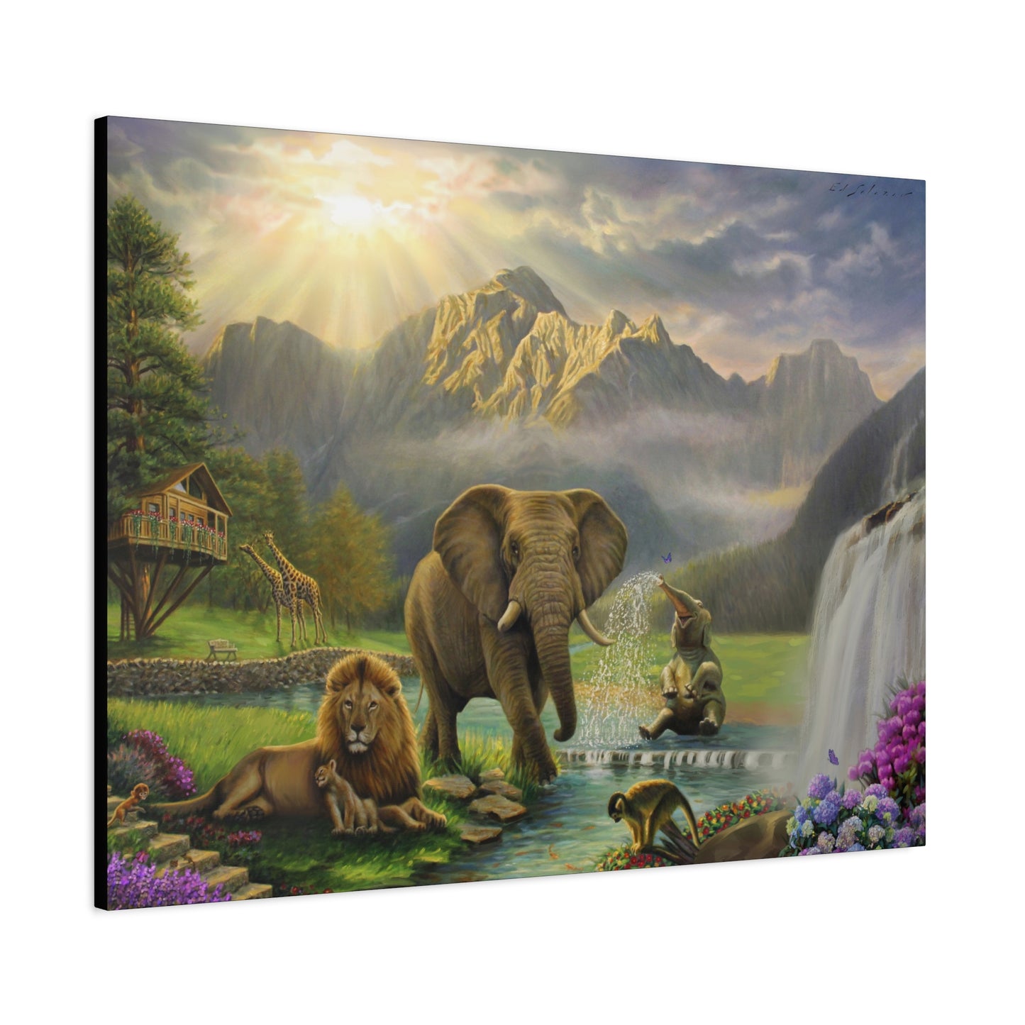 Elephant and Lion Paradise- Canvas Print