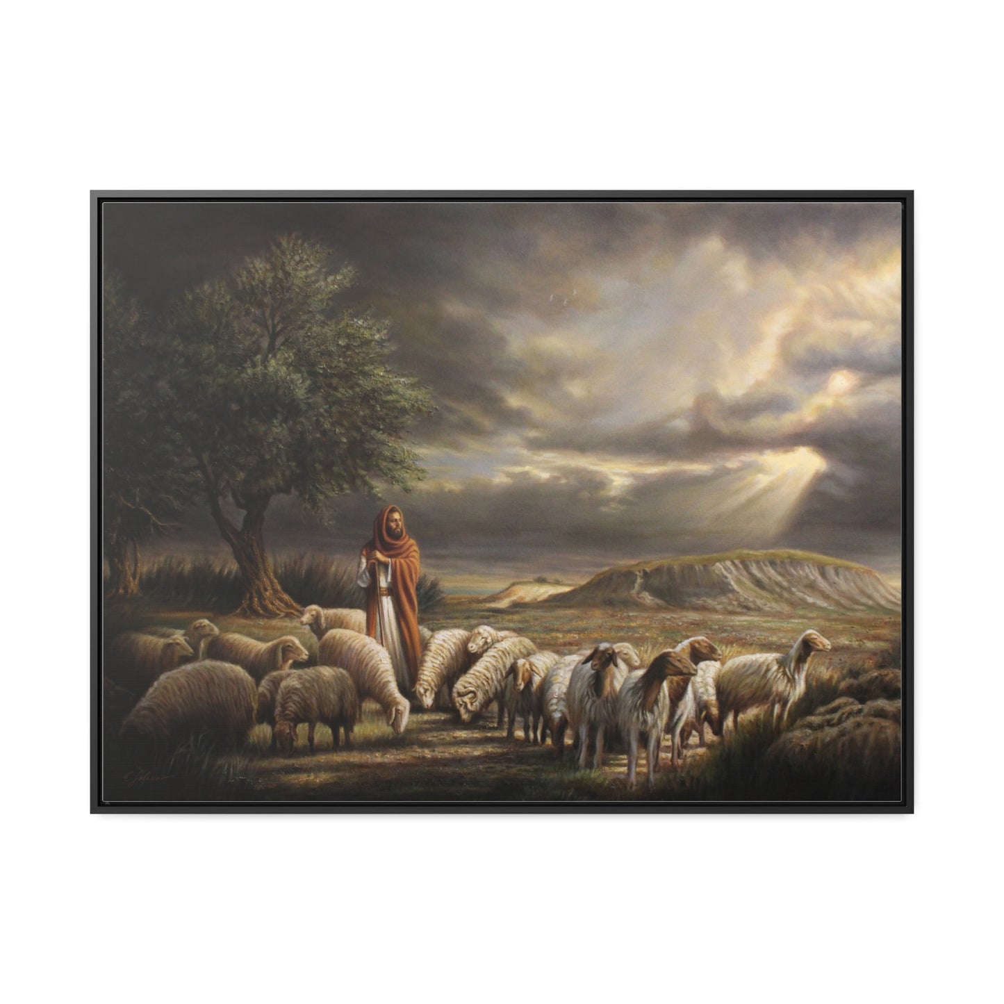The Shepherd and His Sheep- Canvas Print-Framed