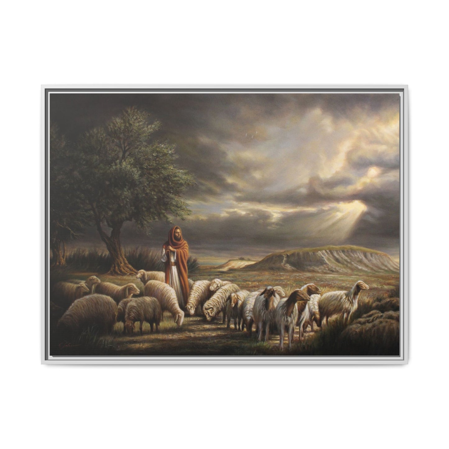 The Shepherd and His Sheep-Framed Canvas Print