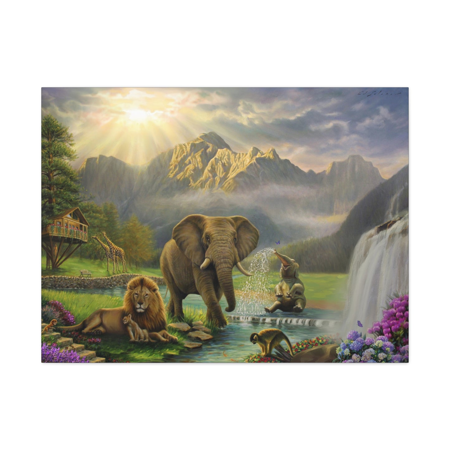 Elephant and Lion Paradise- Canvas Print