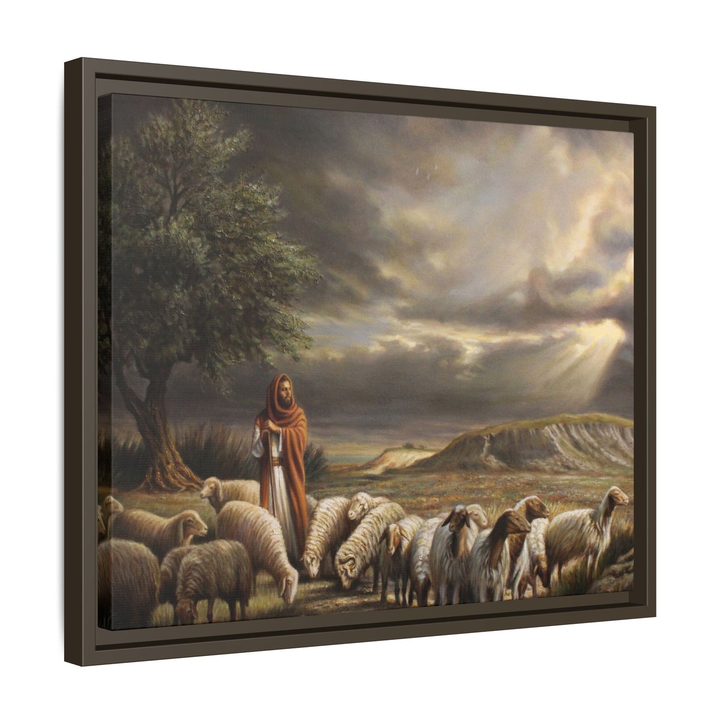 Framed Matte Canvas Shepherd and Flock Wall Art — Serene Biblical Landscape