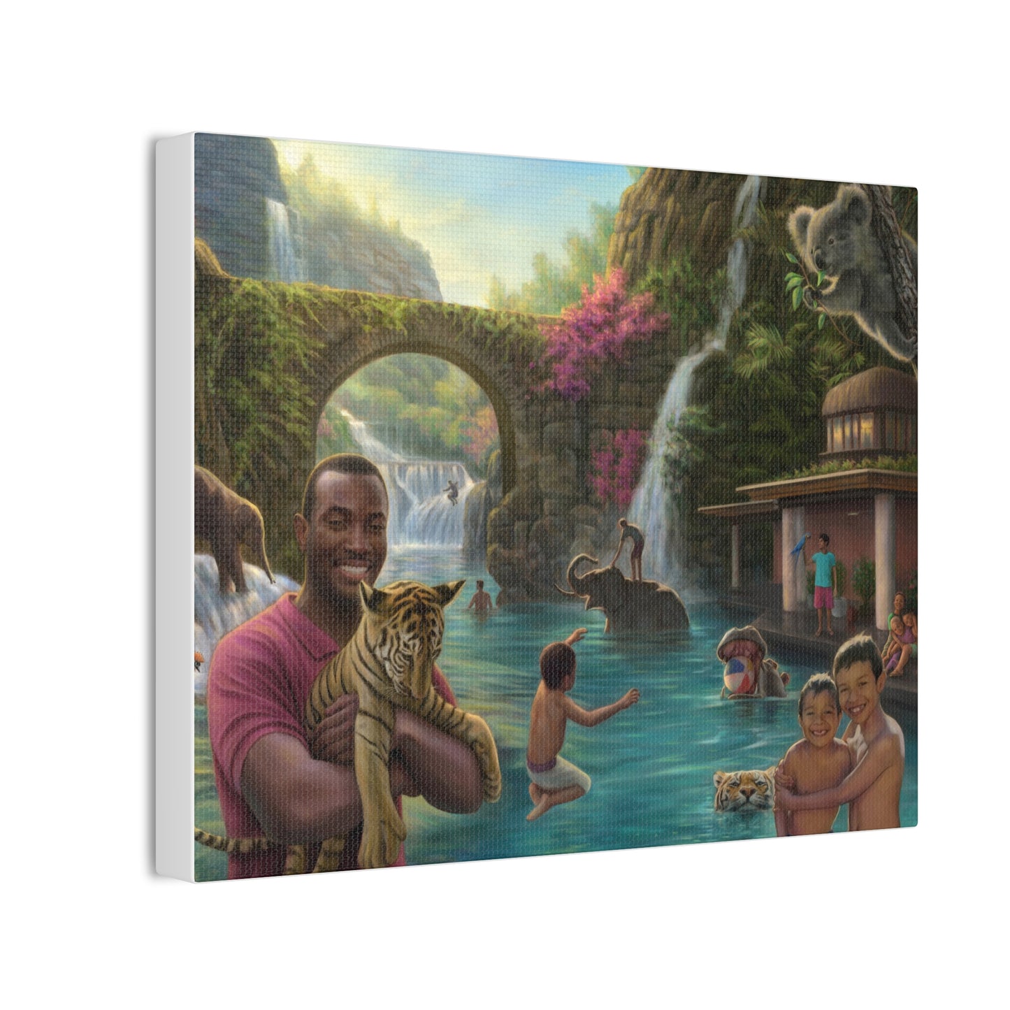 Tropical Wildlife Canvas Print — Family Paradise Waterfall Scene