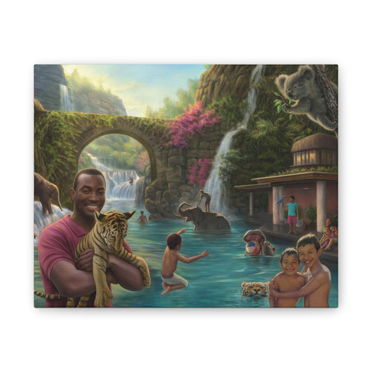 Tropical Wildlife Canvas Print — Family Paradise Waterfall Scene