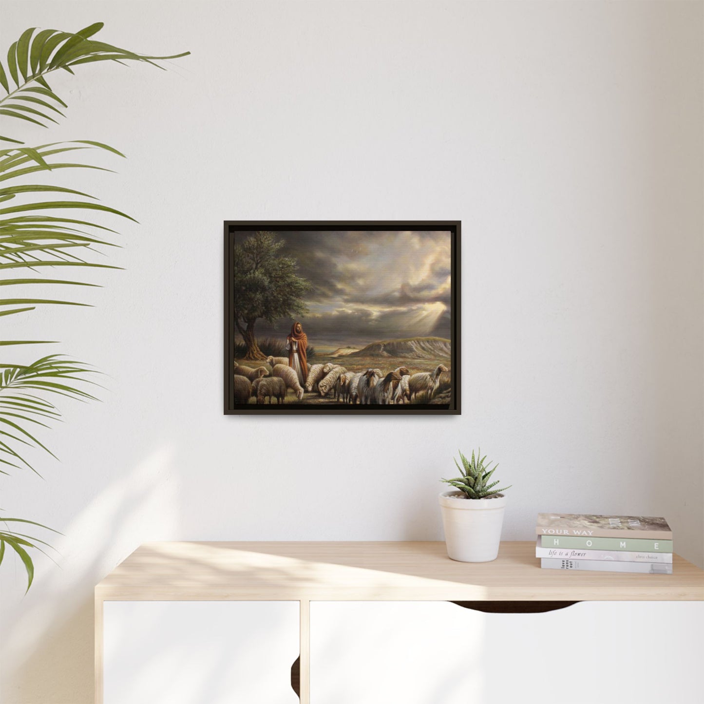 Framed Matte Canvas Shepherd and Flock Wall Art — Serene Biblical Landscape