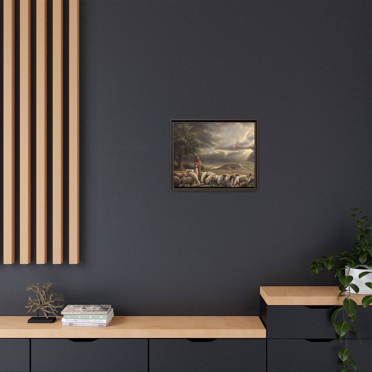 Framed Matte Canvas Shepherd and Flock Wall Art — Serene Biblical Landscape