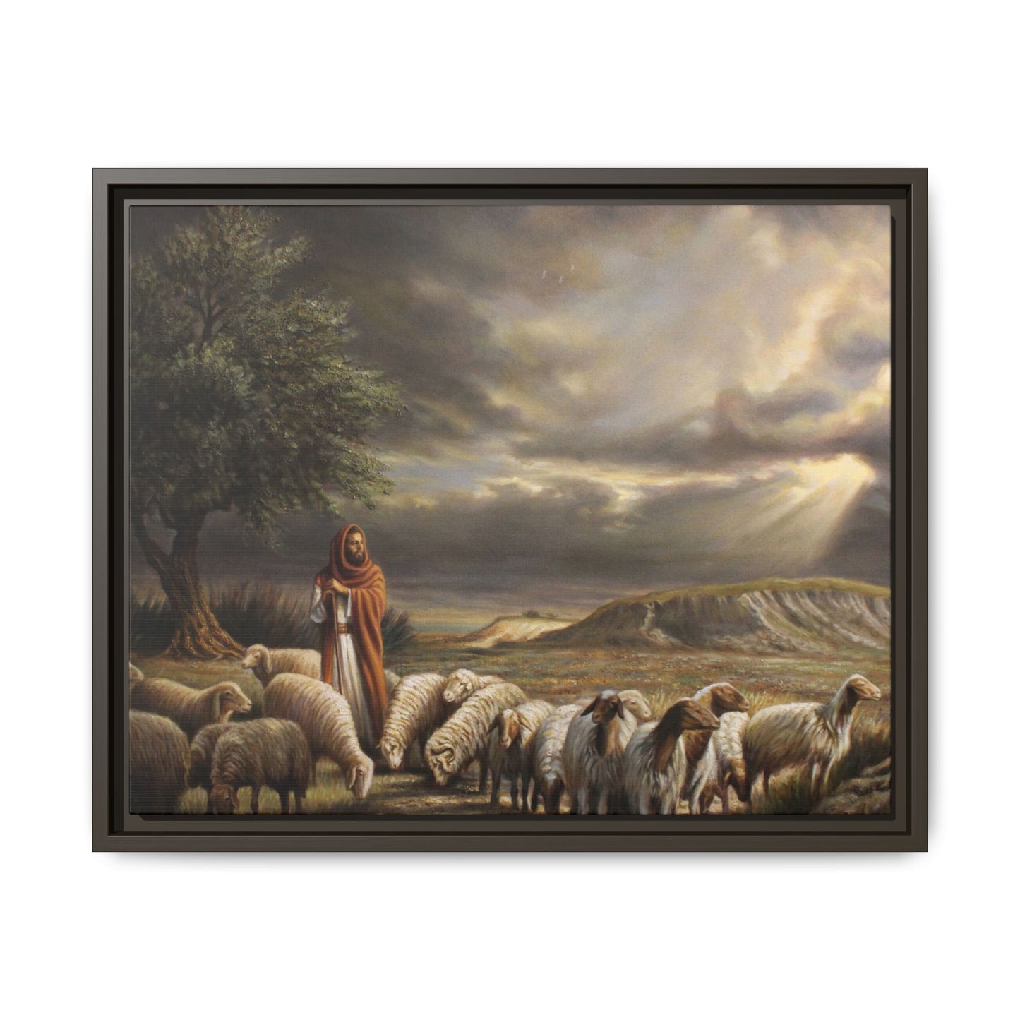 Framed Matte Canvas Shepherd and Flock Wall Art — Serene Biblical Landscape